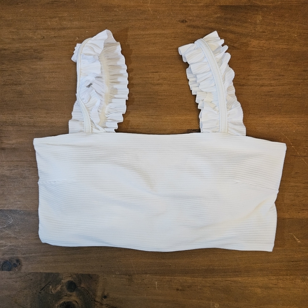 H&M Cropped Ribbed Stretch Padded Tank Top Ruffles Y2K White Size 10